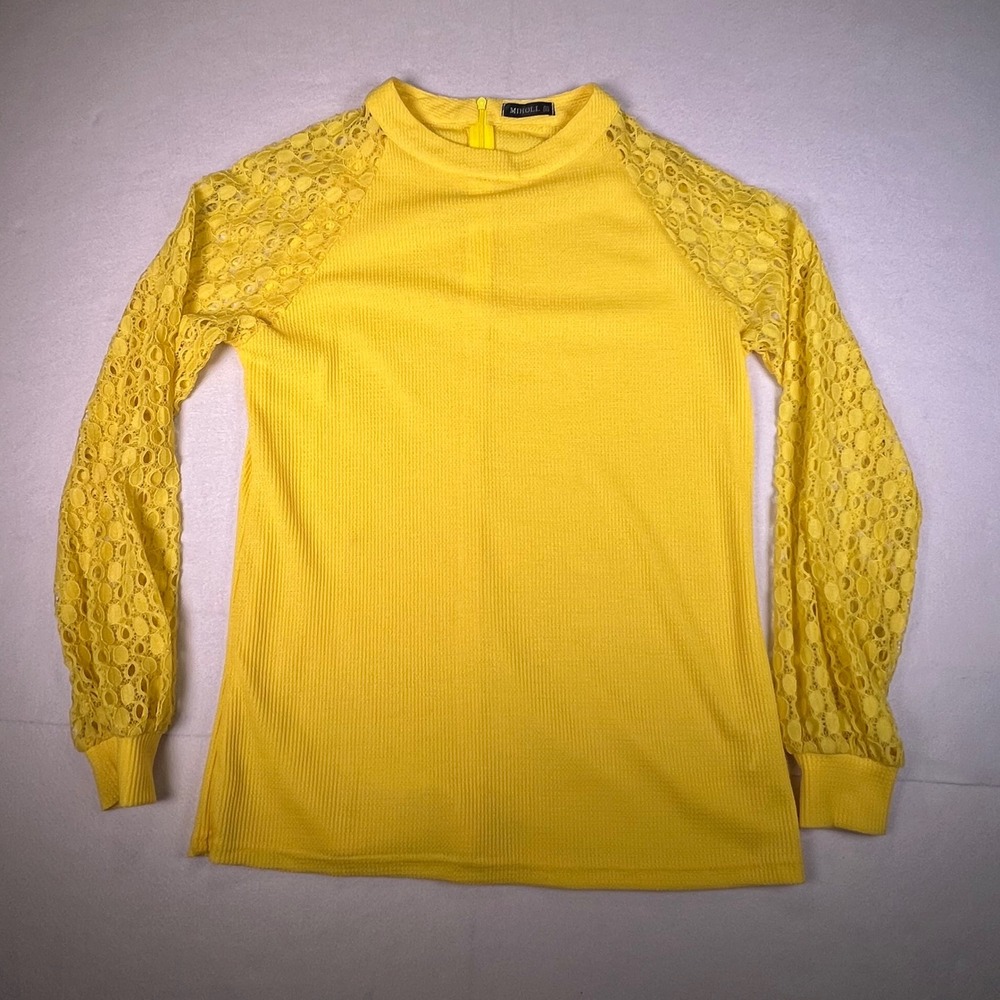 MIHOLL Womens Yellow Waffle Knit Top Crochet Lace Long Sleeve Back Zip Small